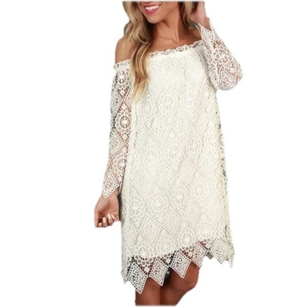 Audrey 3+1 Embroidered Floral Lace Dress Sz 8 Off The Shoulder Jagged Hem Modern